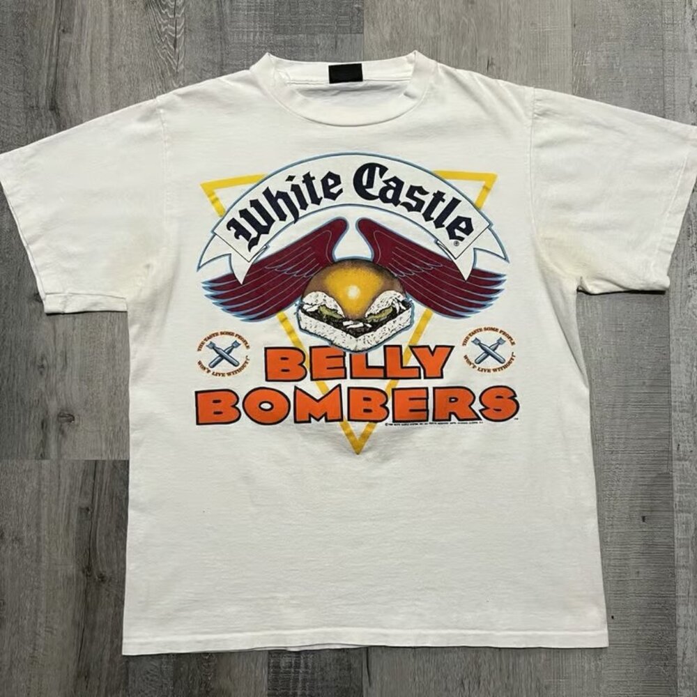 VTG White Castle Belly Bombers White Big Graphic 80s Cheeseburger T Shirt Sz L